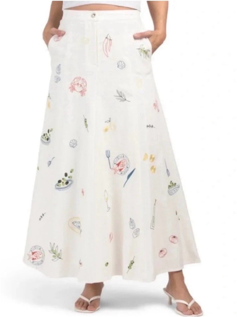 Caroline Constas White Maxi Skirt with Multicolor Motifs